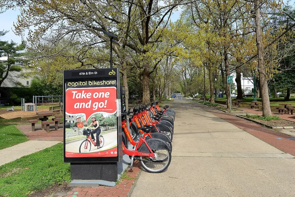 Red Capital Bikeshare bikes at a station in Bethesda, Maryland.